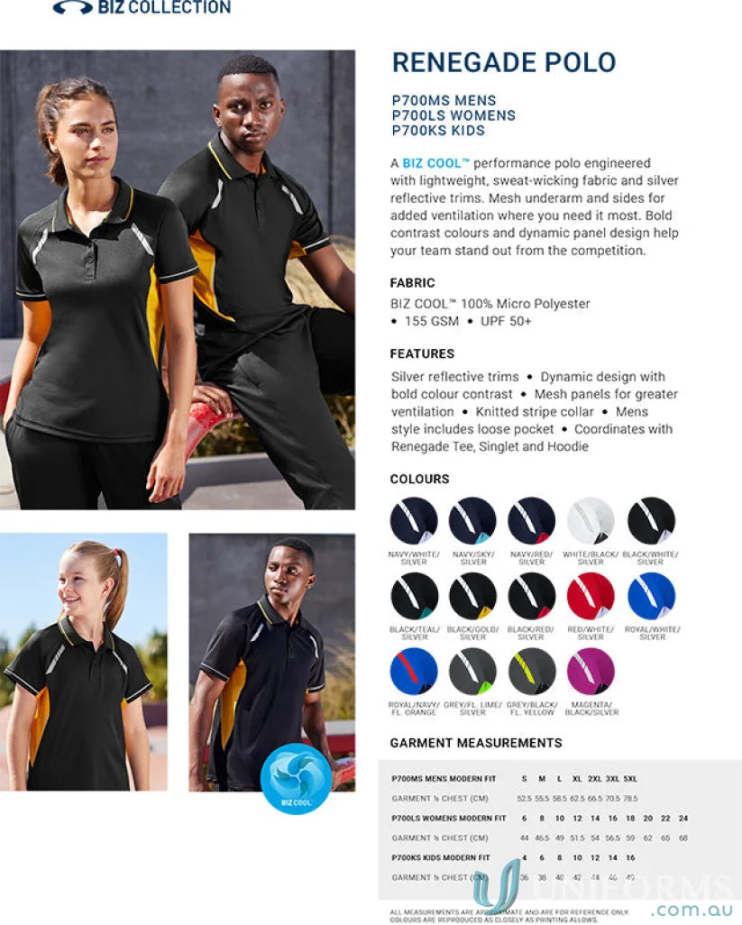 Men’s renegade polo from Biz Collection with reflective trims and UPF rating for sun protection
