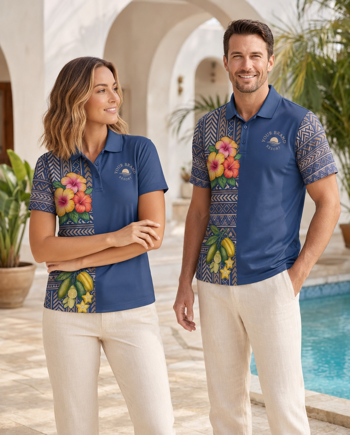 A man and a woman wearing matching blue tropical-themed polo shirts with floral prints and geometric patterns, standing in front of a resort-style pool and white archway building.