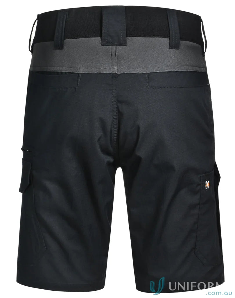 Black Ripstop Stretch Work Shorts with grey back yoke and multiple pockets for tough jobs