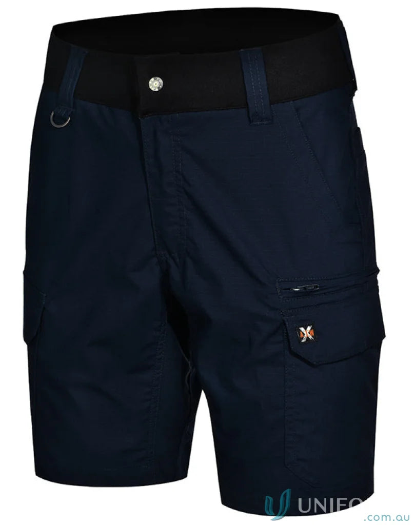 Dark blue Ripstop Stretch Work Shorts with black elastic waistband for tough jobs