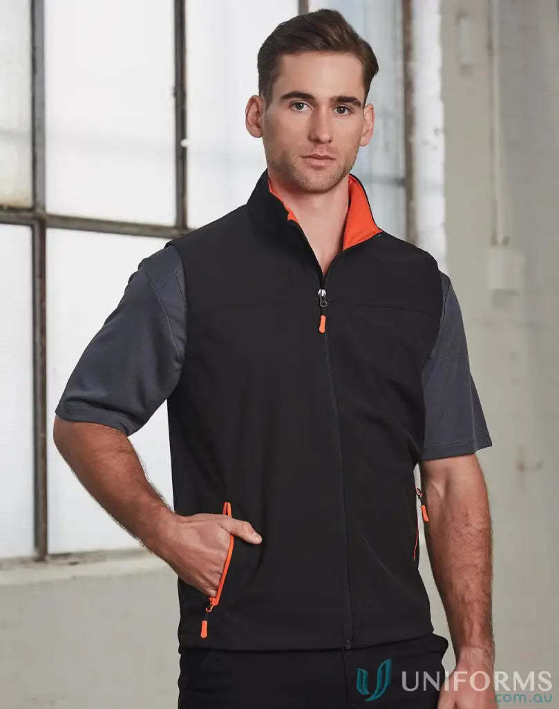 Mens black and grey soft shell vest with orange accents from JK45 Rosewall, perfect for winning spirit