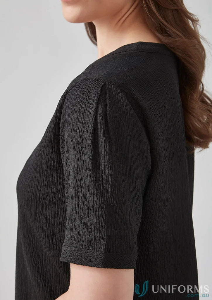 Black ruche short sleeve blouse in womens high-stretch knit