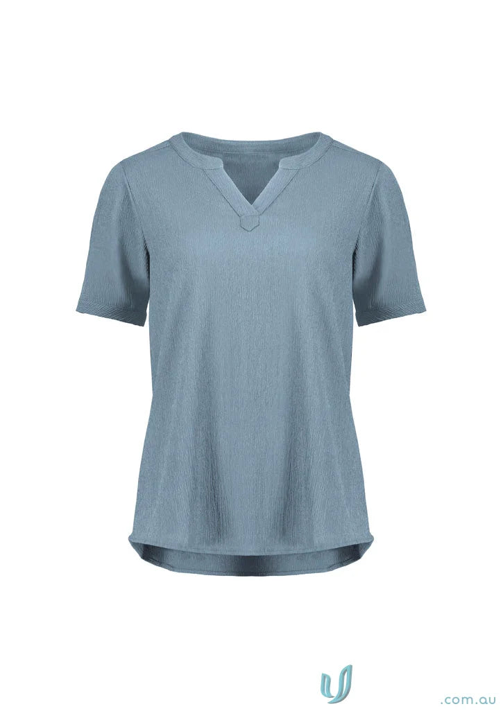 Ruche short sleeve blouse in soft light blue high-stretch knit