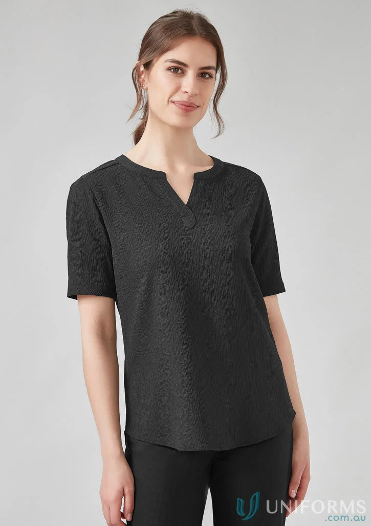 Ruche short sleeve blouse in black textured high-stretch knit V-neck