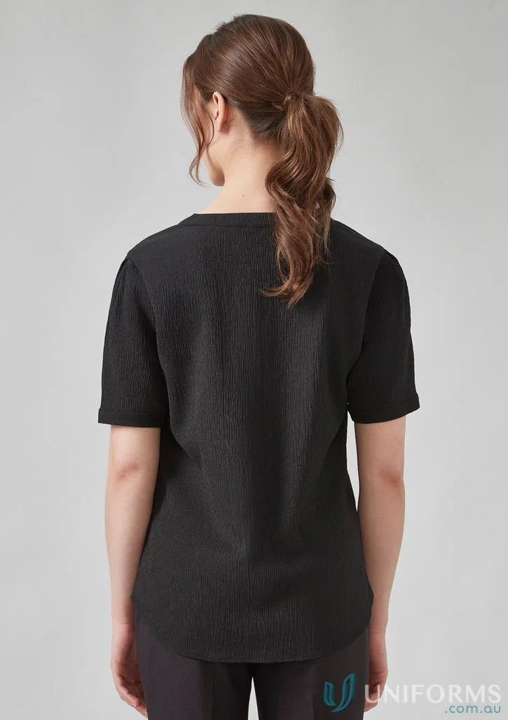 Black ruche short sleeve blouse in high-stretch knit womens top