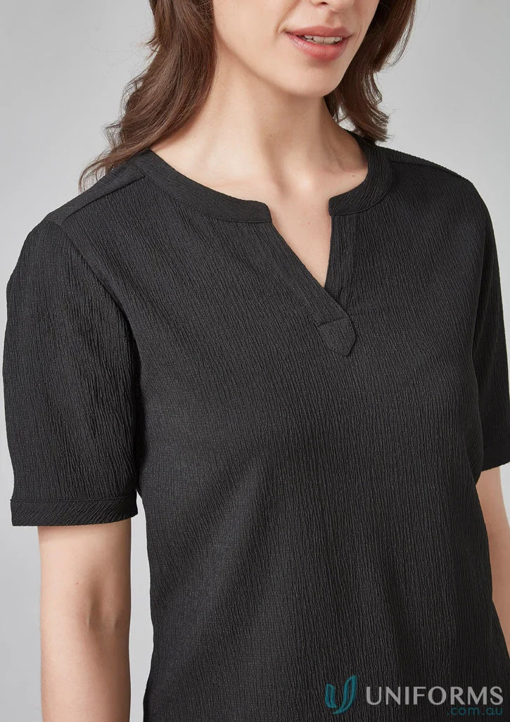 Ruche short sleeve blouse in black textured high-stretch knit V-neck top