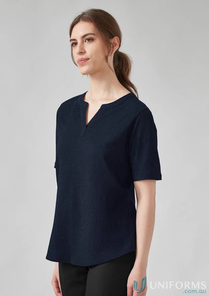 Navy ruche short sleeve blouse in high-stretch knit with v-neck