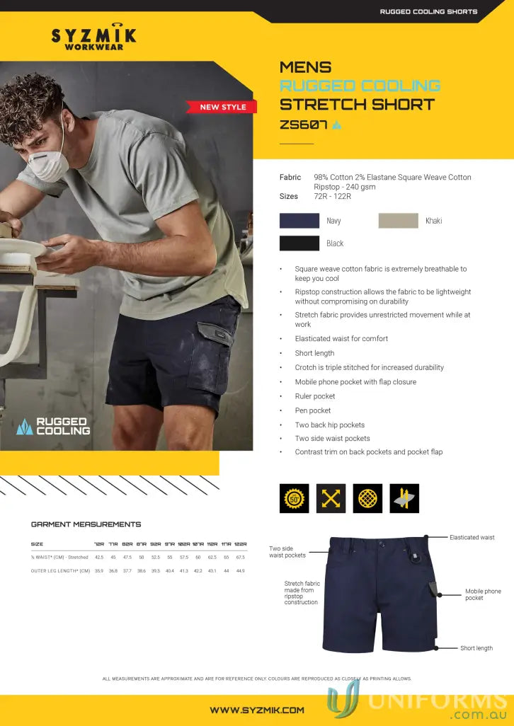 Men’s Rugged Cooling Stretch Shorts showing sun protection and ultra comfort