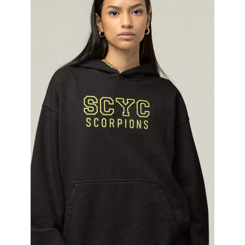 Black hoodie with yellow lettering.