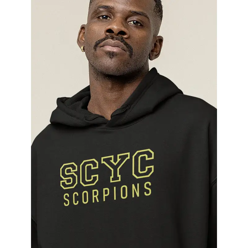 Black hoodie with yellow lettering.