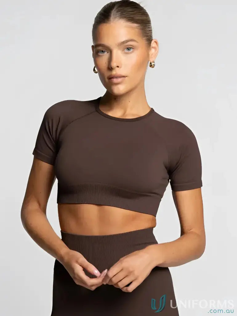 Brown seamless cropped espresso tee with ribbed hem and raglan sleeves perfect for casual work uniforms and uniforms