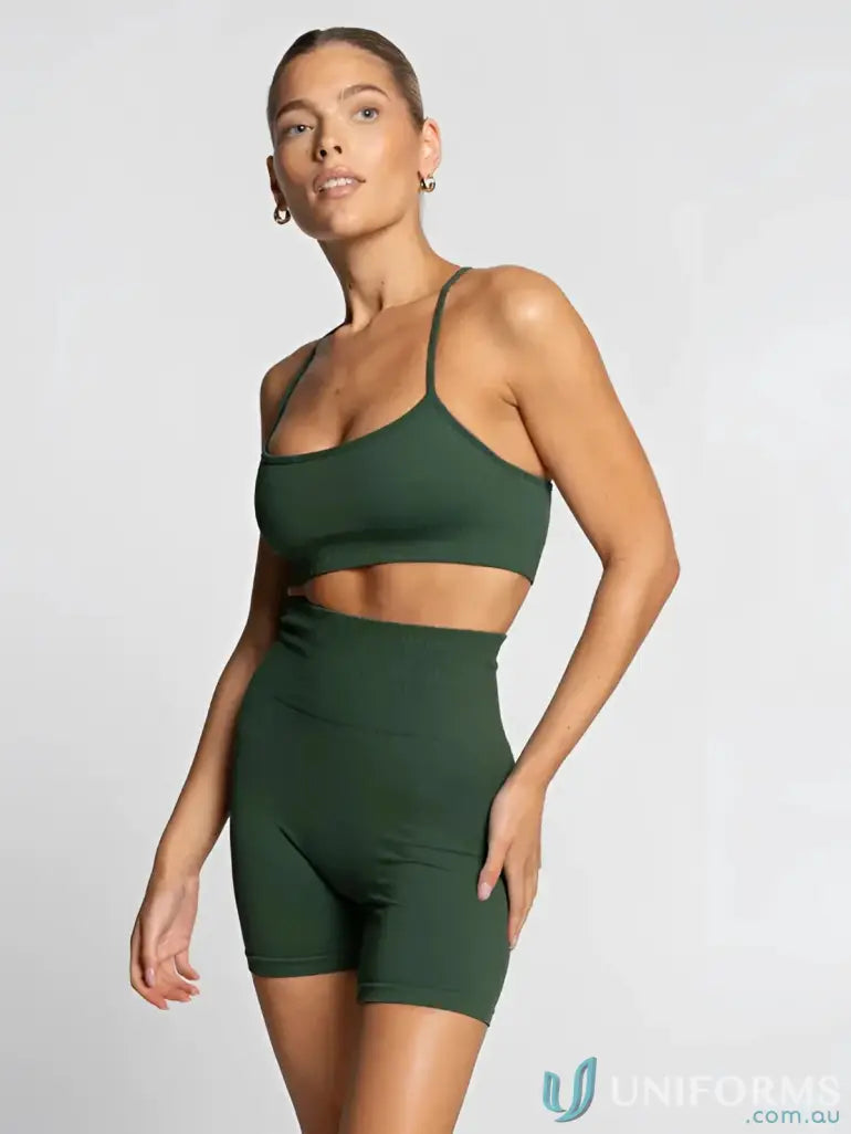 Dark green seamless emerald active crop set with high-waisted bike shorts perfect for stylish work uniforms