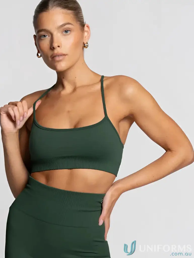 Dark green ribbed knit seamless emerald active crop sports bra with thin straps perfect for work uniforms or workwear