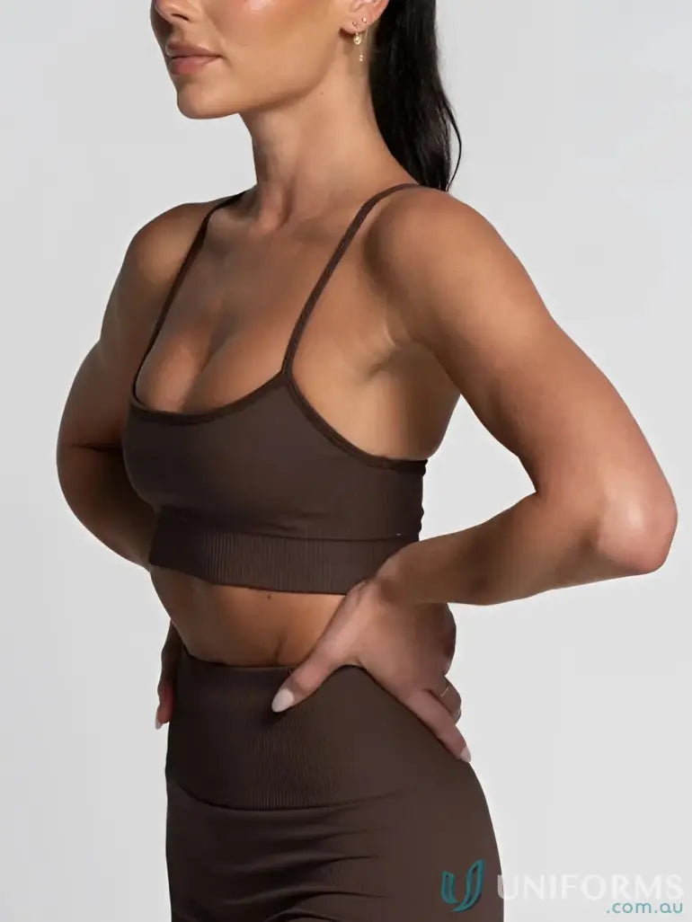 Brown ribbed seamless espresso active crop sports bra with thin straps perfect for comfy work uniforms or activewear