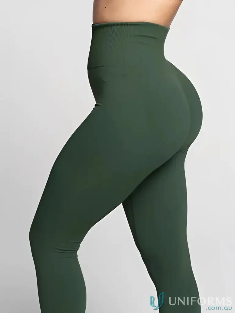 Dark green high waisted seamless invisible scrunch leggings with smooth fabric perfect for workwear uniforms