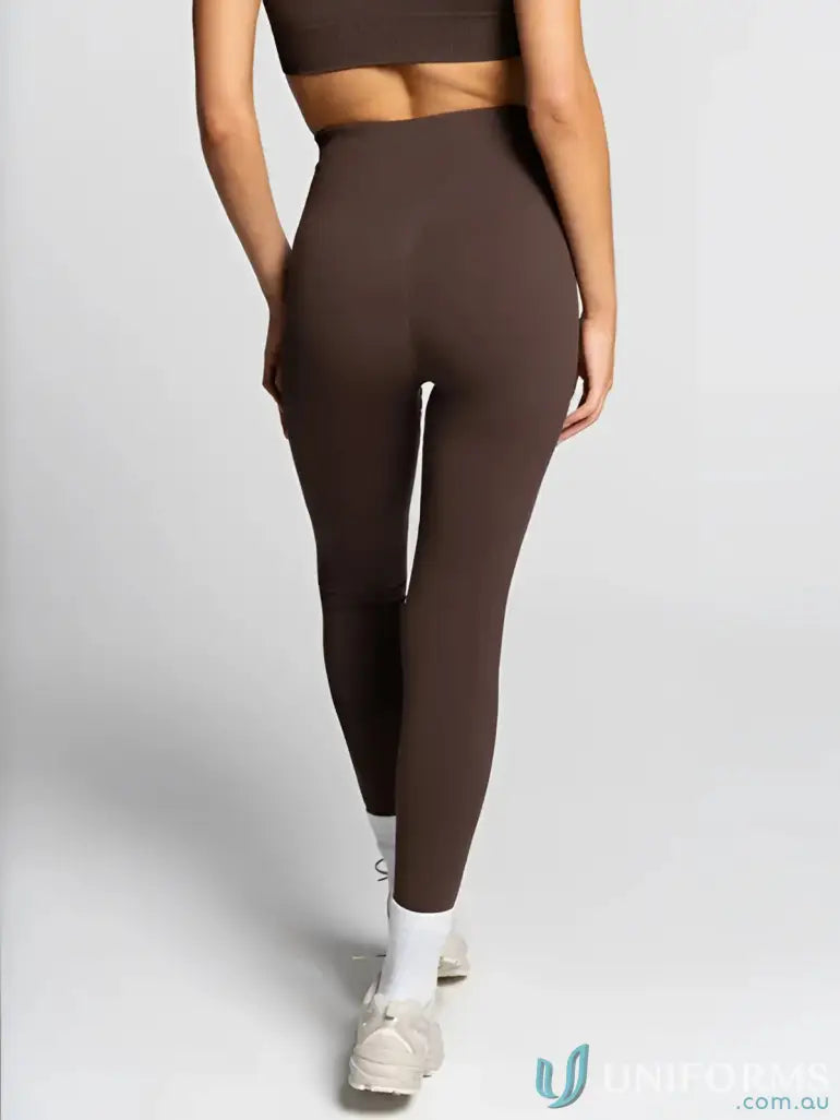 High waisted chocolate brown seamless leggings with stretchy fabric perfect for workwear and uniforms