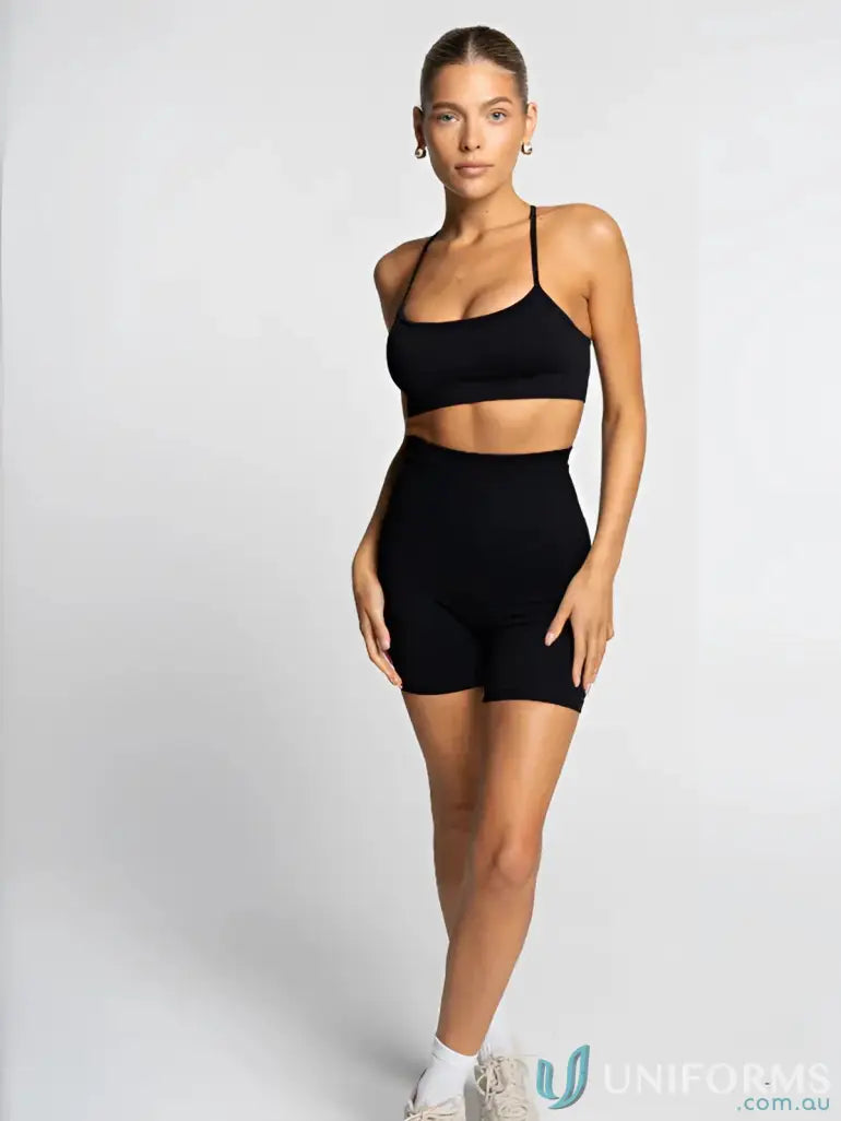 Black seamless onyx active crop bike shorts with thin straps perfect for comfortable workwear or uniforms use
