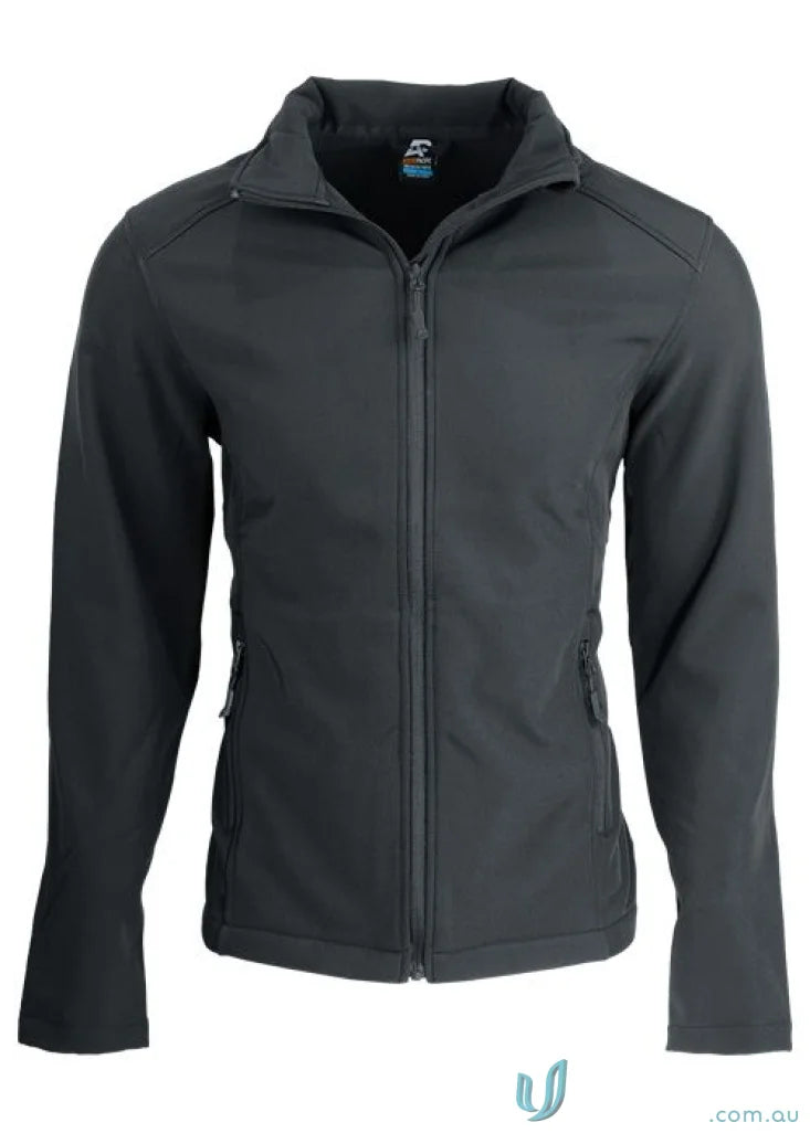 Black zip-up softshell jacket from Selwyn Jacket, perfect for work uniforms or workwear