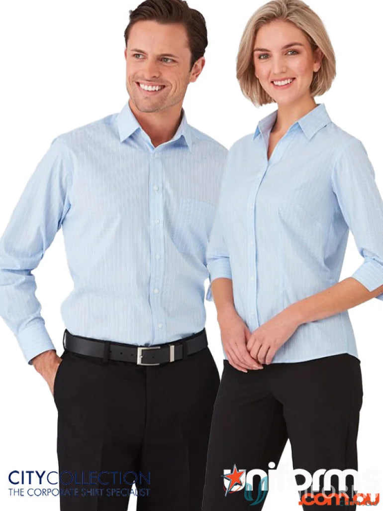 Shadow stripe ladies 3qtr shirt in light blue for uniforms and workwear style