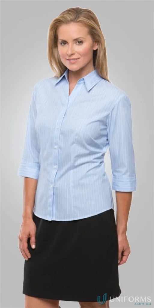 Woman in shadow stripe ladies 3qtr workwear shirt for uniforms and professional look