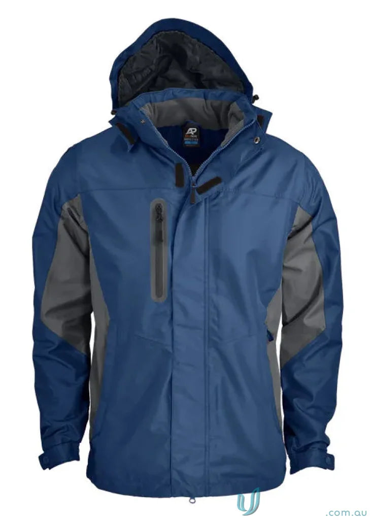 Blue and gray hooded jacket from Sheffield Mens Jacket, great for work uniforms
