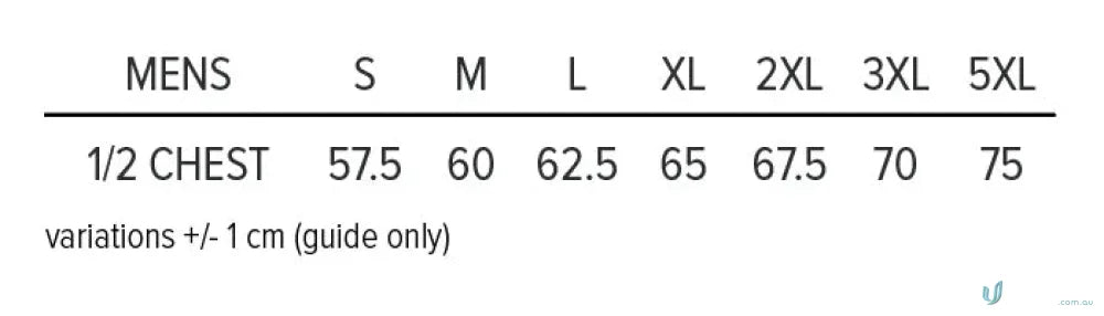 Men’s clothing size chart for Sheffield Mens Jacket, perfect for workwear or uniforms