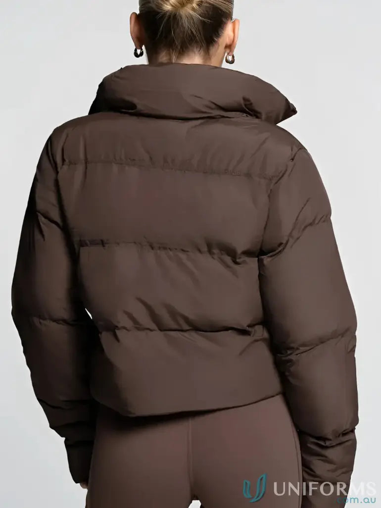 Brown short puffer jacket with high padded collar and horizontal stitching ideal for workwear and uniforms