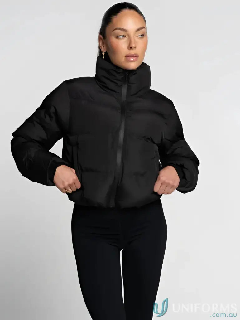 Black short puffer jacket with high collar and zipper closure ideal for workwear and uniforms use