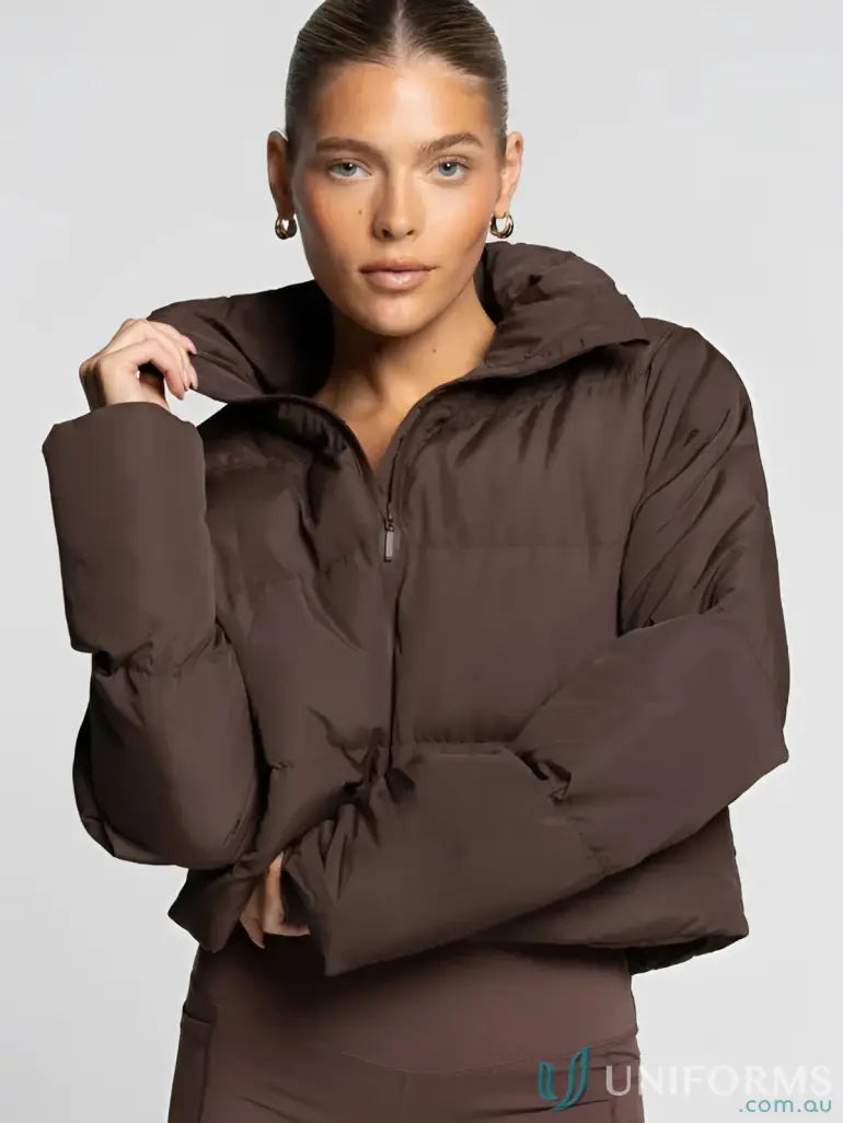 Brown short puffer jacket with hood and quarter-zip closure perfect for workwear and work uniforms