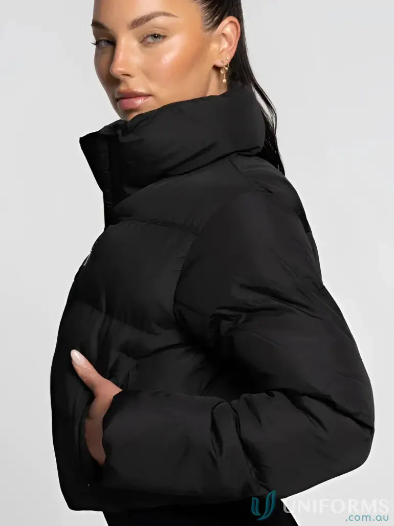 Short black puffer jacket with high collar and quilted design perfect for warm workwear uniforms and work uniforms