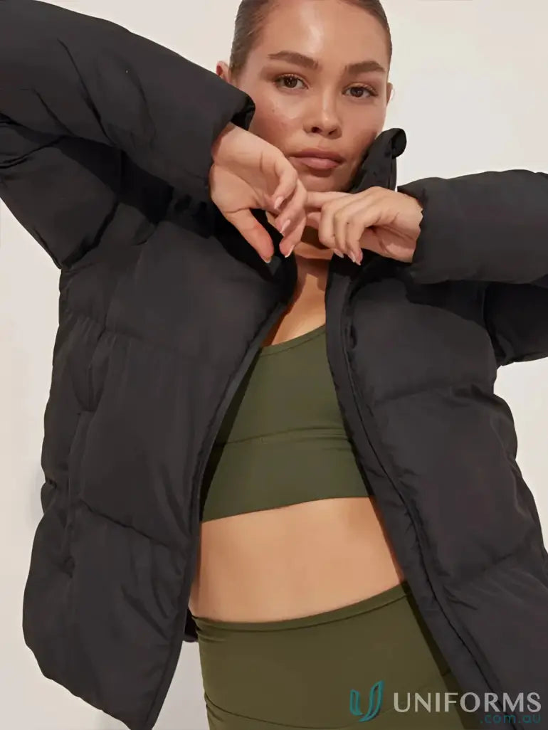 Black short puffer onyx jacket with quilted design and high collar perfect for workwear and uniforms