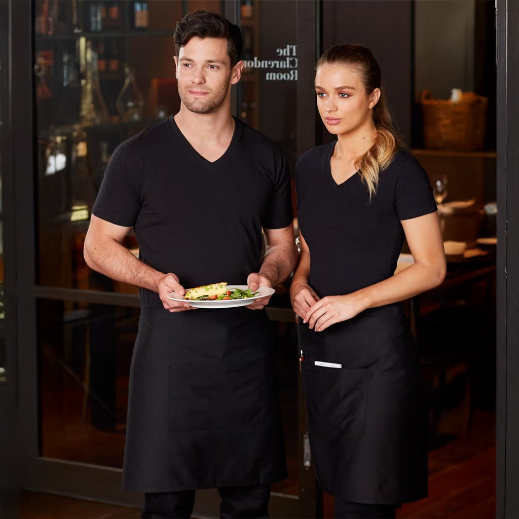 Black short waist apron with front pocket and white trim