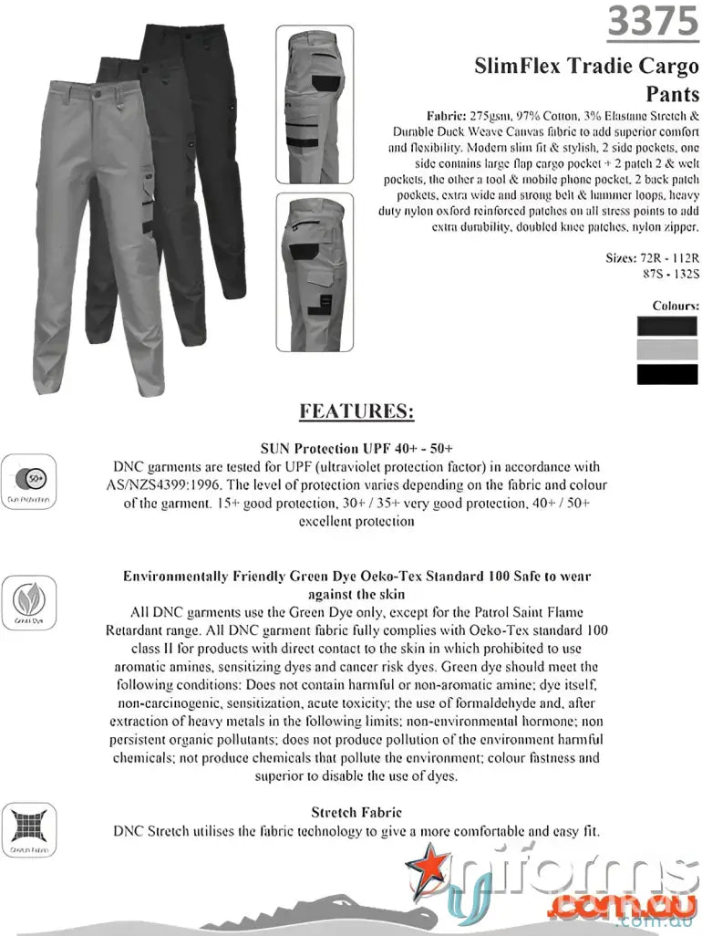 SlimFlex Tradie Cargo Pants with sun protection, eco-friendly dye, and stretch fabric
