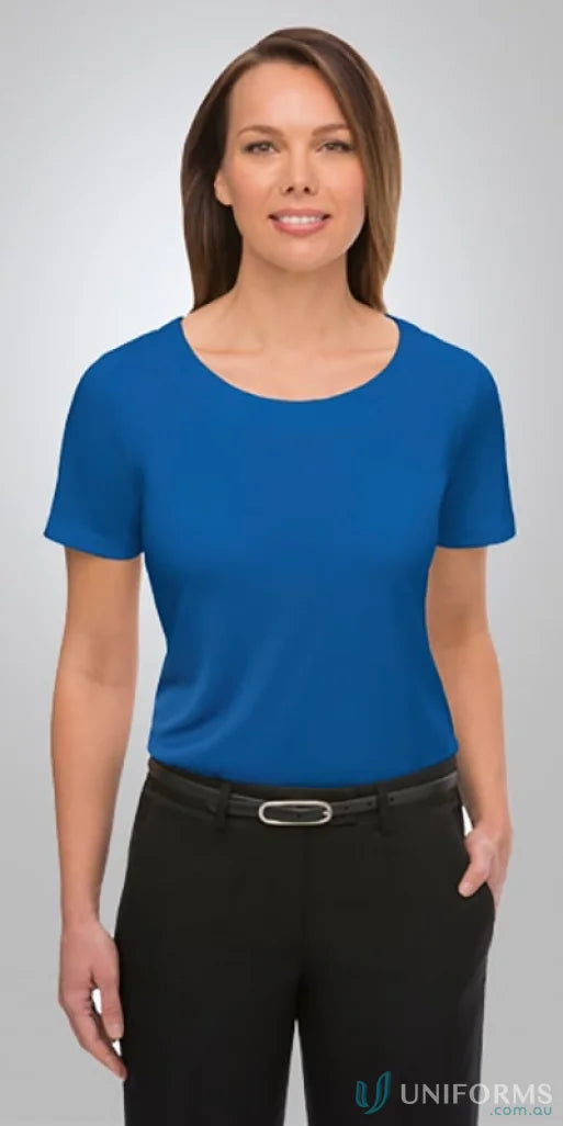 Woman in Blue T-Shirt with Stretch Short Sleeve, perfect for uniforms and casual wear