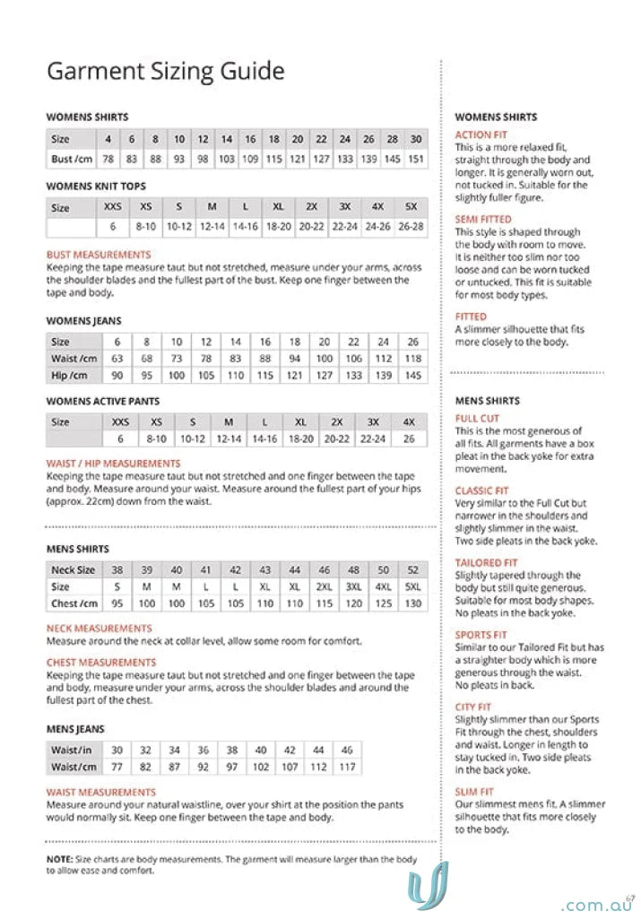 Stretch garment sizing guide for Smartknit Top workwear and uniforms