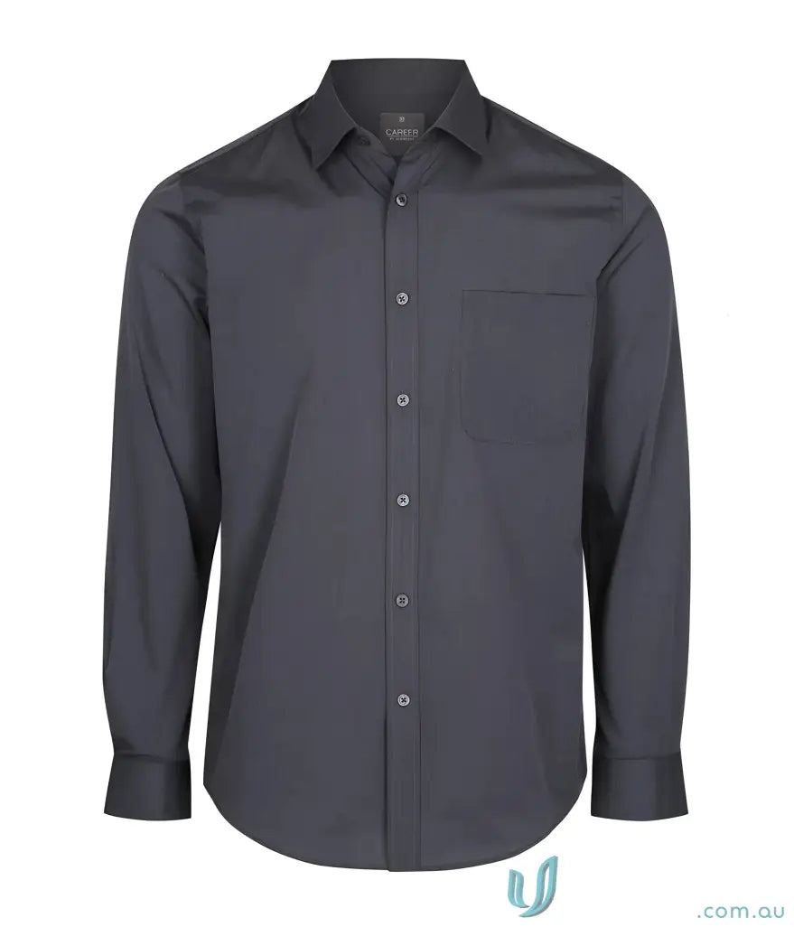 Mens dark grey long sleeve easy iron dress shirt with front pocket for uniforms