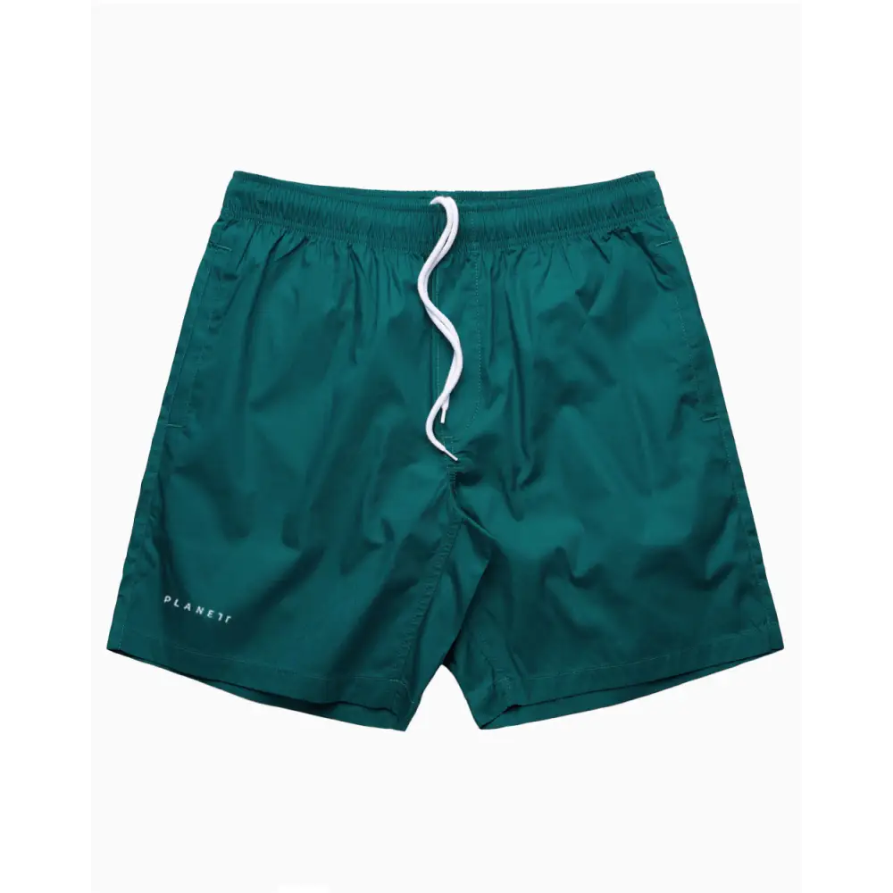 Teal lightweight sorrento beach shorts with white drawstring and planet branding perfect for casual work uniforms