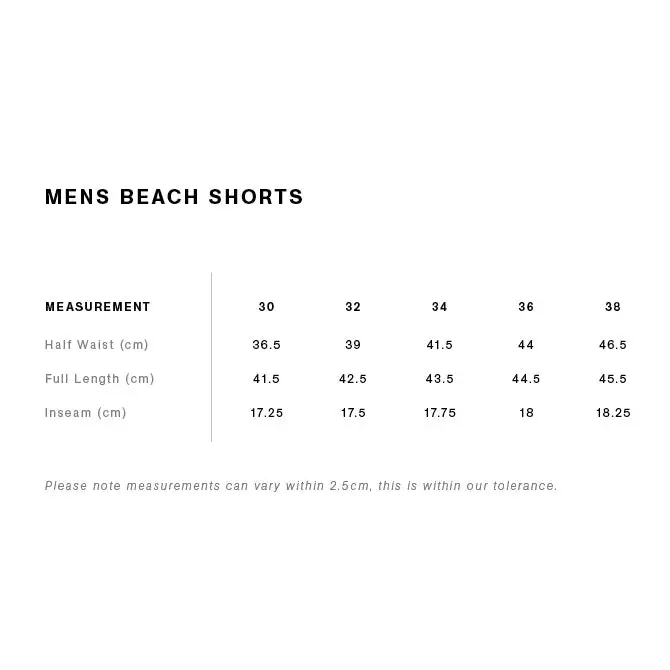 Men’s sorrento beach shorts size chart showing waist full length and inseam for sizes 30 to 38 ideal for work uniforms