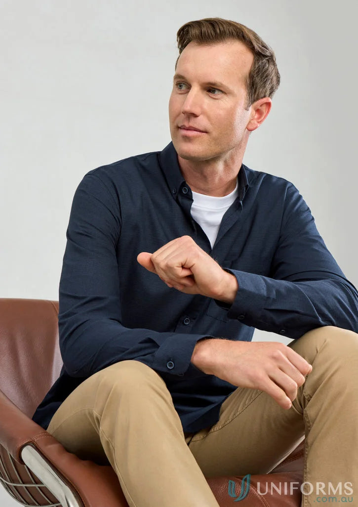 Man in Soul LS Shirt: navy long sleeve button-up over white tee