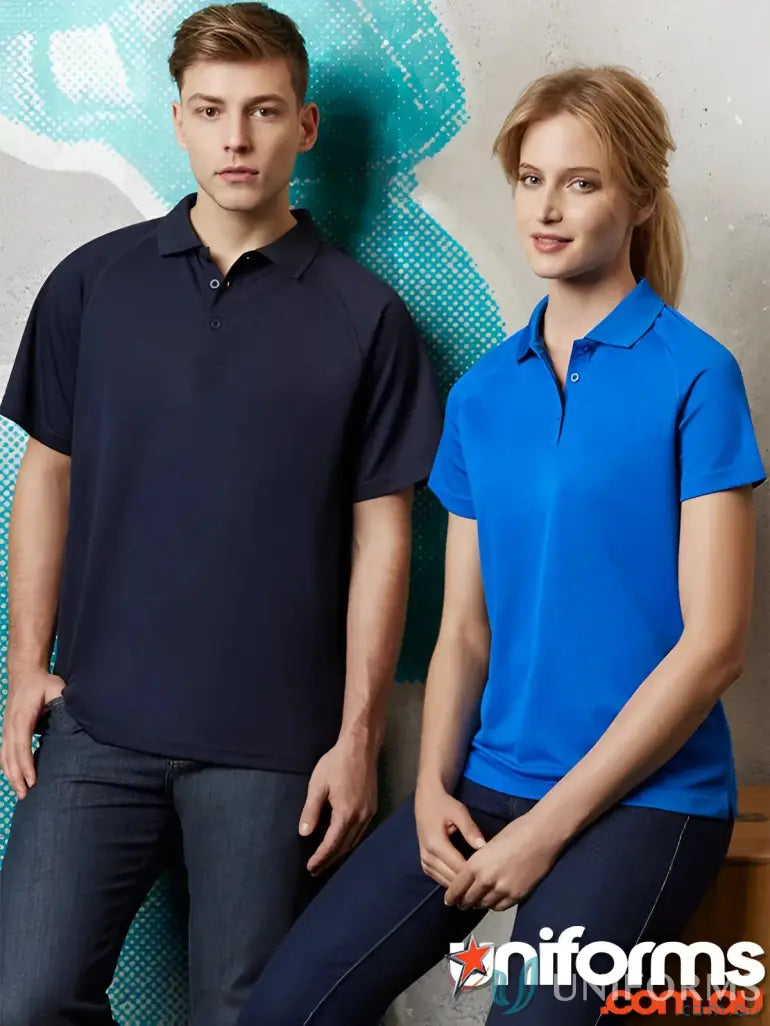 Two people in stylish Polo shirts from the Sprint Polo collection, perfect for p300ms mens and biz cool looks