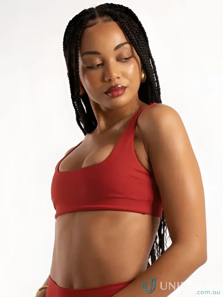Red square neck cherry crop sports bra with scoop neckline and thin straps perfect for active work uniforms and uniforms