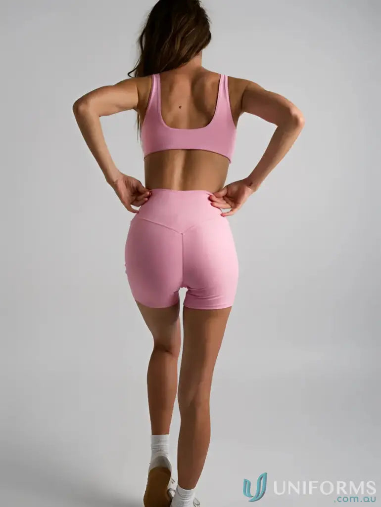 Pink high waisted seamless athletic shorts with stretchy fabric perfect for comfortable workwear or uniforms