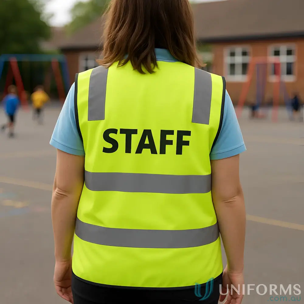 Yellow high-vis printed staff vest with reflective strips from STAFF Printed D+N Safety Vest