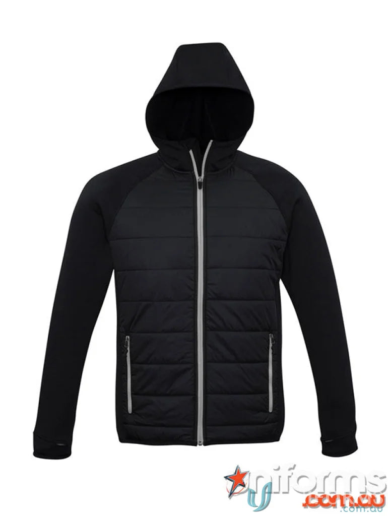 Black hooded puffer jacket from Mens Stealth collection with thumb loops in Stealth Hoodie