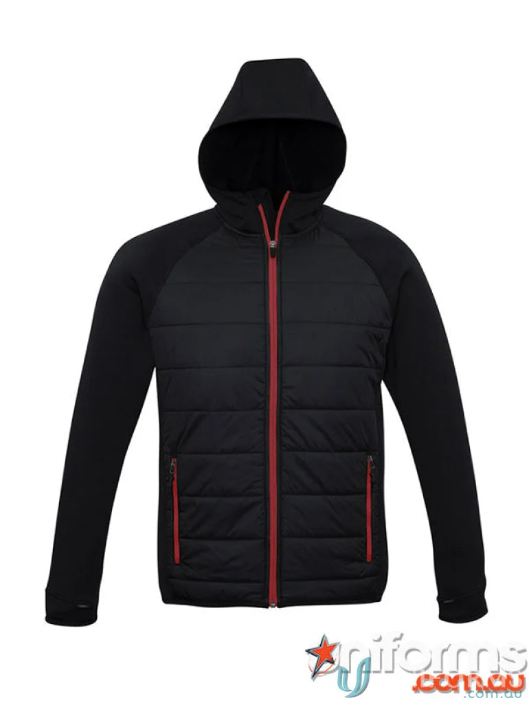 Black hooded puffer jacket from Stealth Hoodie collection mens stealth jacket with thumb loops