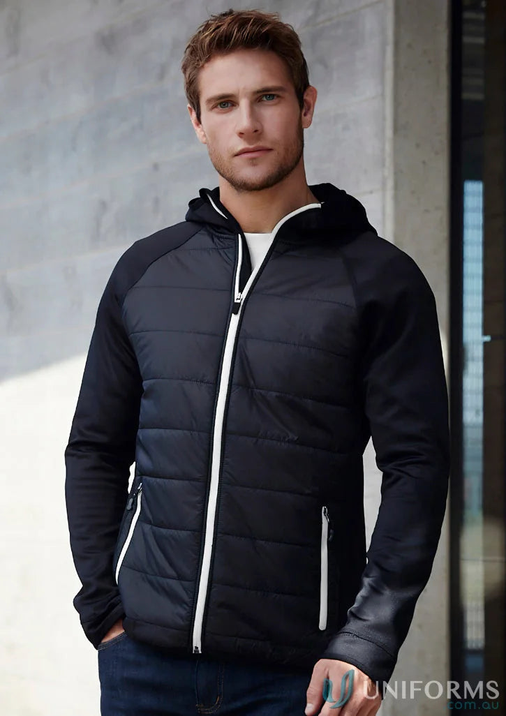 Black hooded puffer jacket from Mens Stealth collection with thumb loops in the Stealth Hoodie