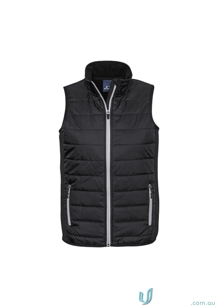 Mens stealth vest with black quilted puffer design featuring core warm polyfill insulation