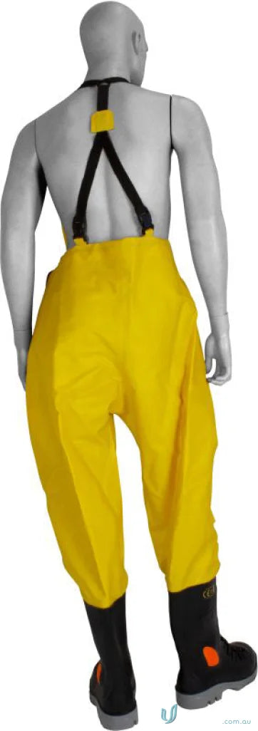Yellow waterproof bib overalls with black boots, part of Stimela XP workwear with metatarsal protection