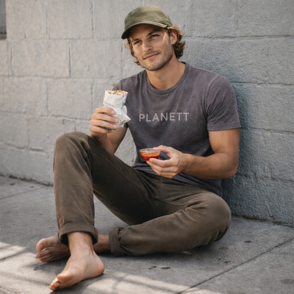 Gray t-shirt with ’planett’ printed in white letters.