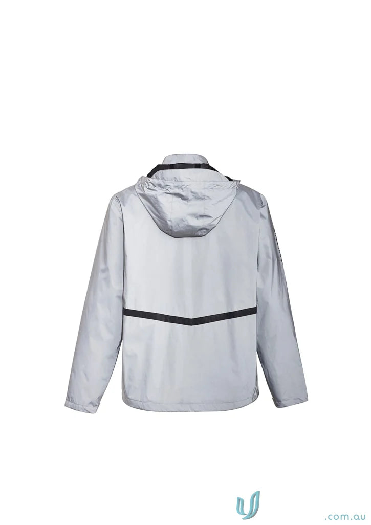 Silver hooded Streetworx Reflective Waterproof Jacket with black stripe, unisex waterproof jacket zj380